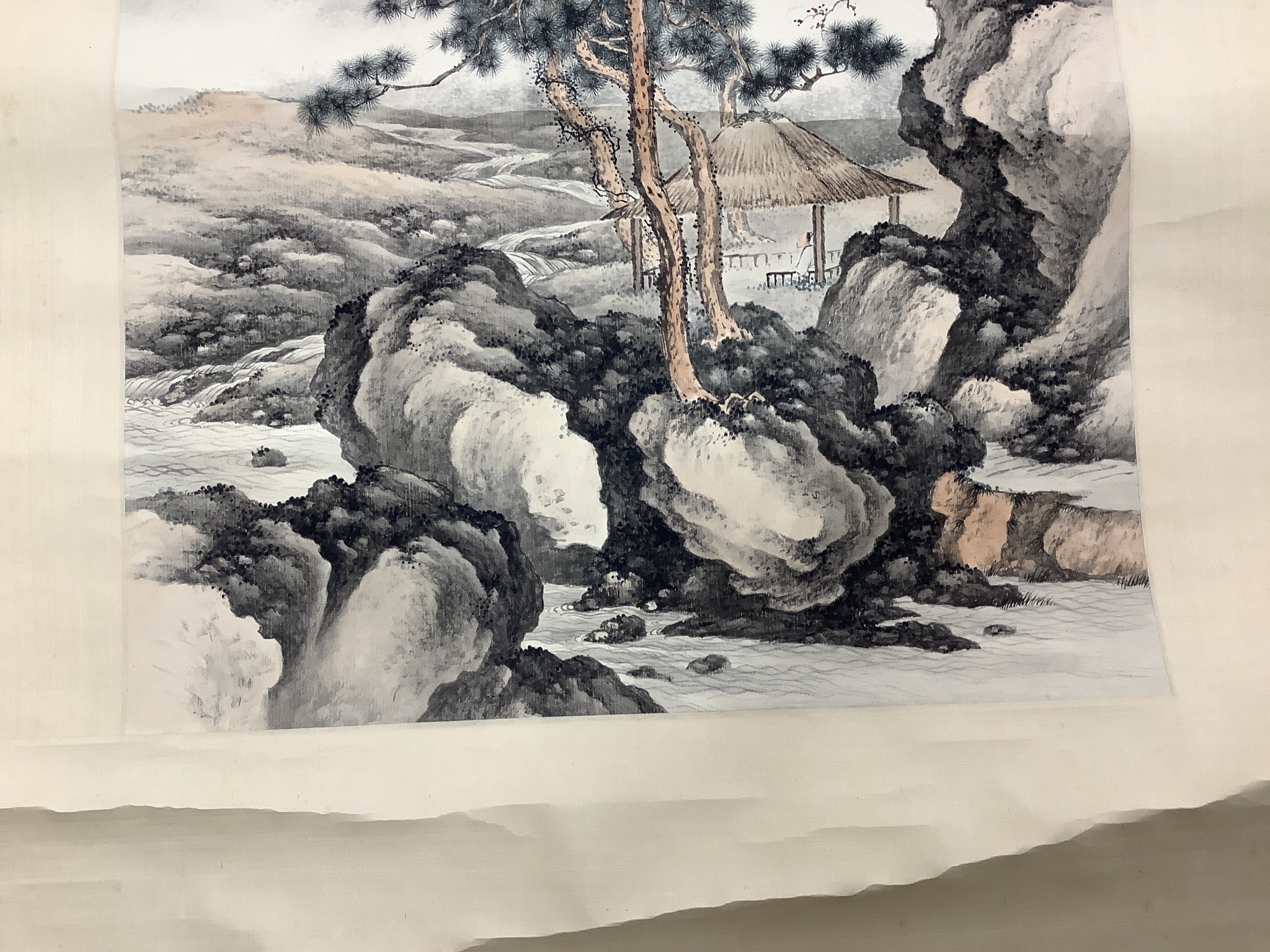 A Chinese scroll painting of a scholar seated in a mountainous river landscape, 20th century Image 94 cm X 45 cm